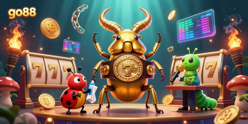Engage with go88's thrilling casino adventure featuring a giant golden stag beetle and vibrant gaming elements.