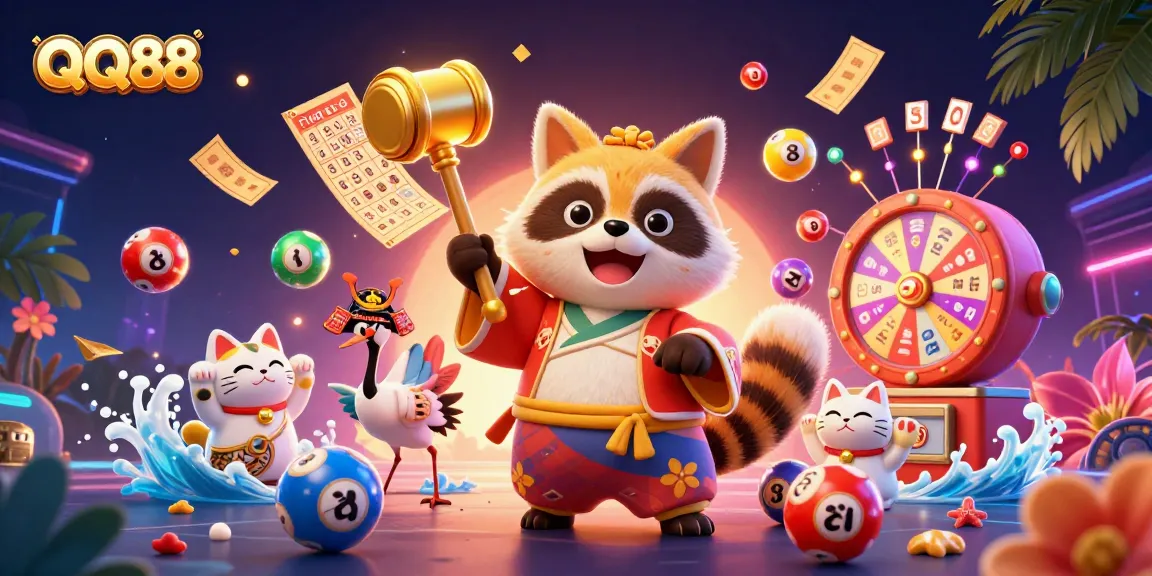 Engage in exciting QQ88 action with colorful lottery elements and cheerful characters in a vibrant casino scene.