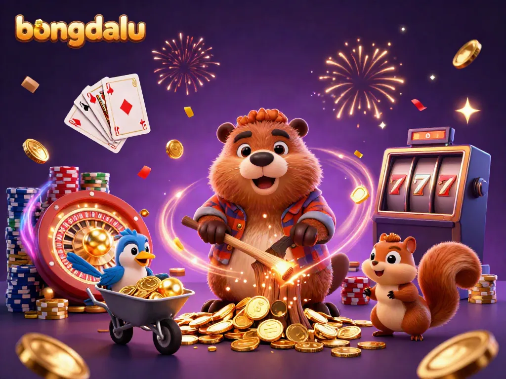 Experience excitement with Bongdalu as a beaver collects golden coins raining from a tree in this lively casino scene.