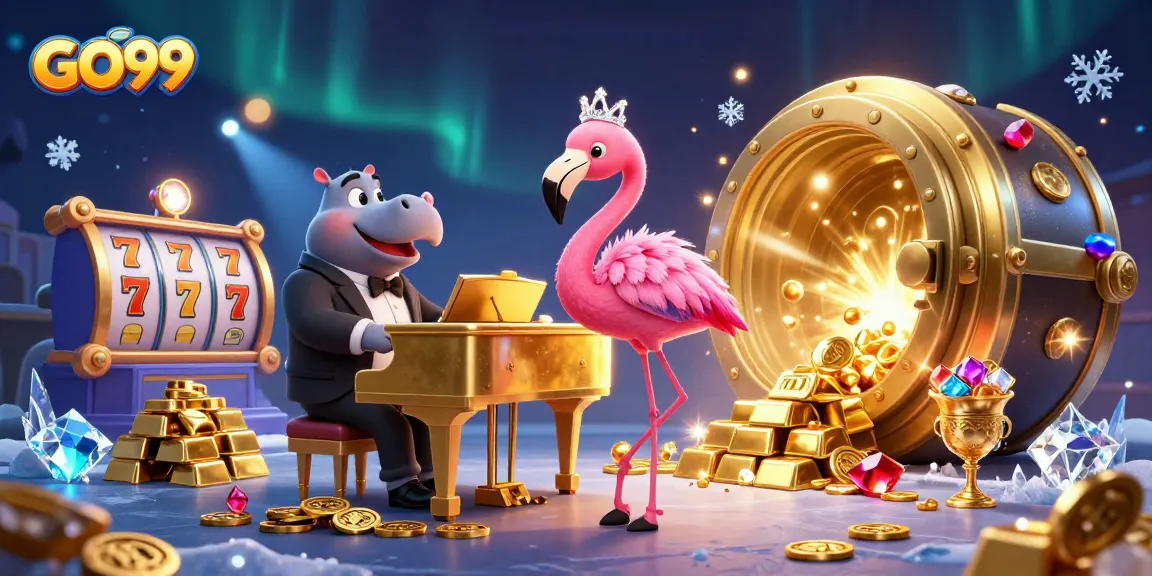 Experience GO99's lively slot scene with a flamingo singer and hippo bassist amid sparkling treasures.