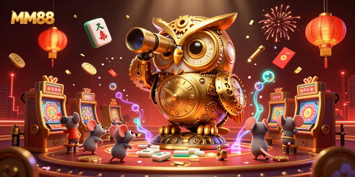 Experience the thrilling world of MM88 with a golden owl overseeing exciting casino activities.