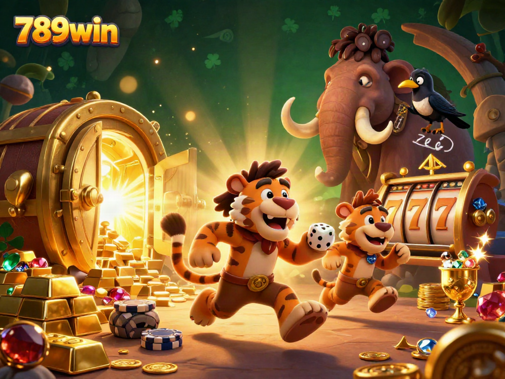 Experience thrilling gaming at 789win with a dynamic prehistoric casino scene featuring vibrant characters and rich treasures.