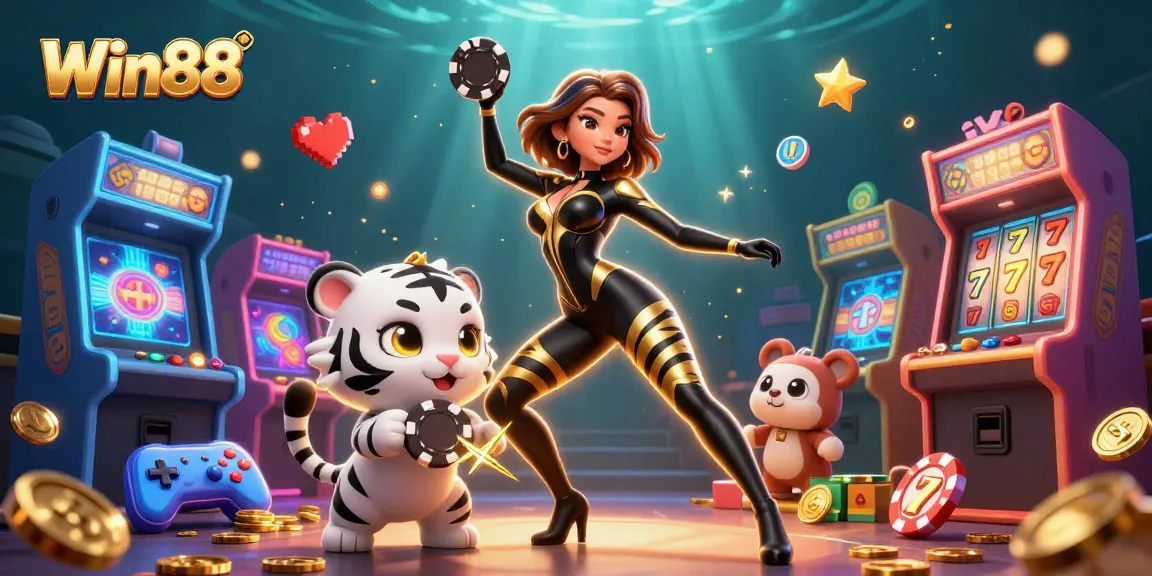 Experience Win88's vibrant gaming world with thrilling games and action in a colorful casino scene.