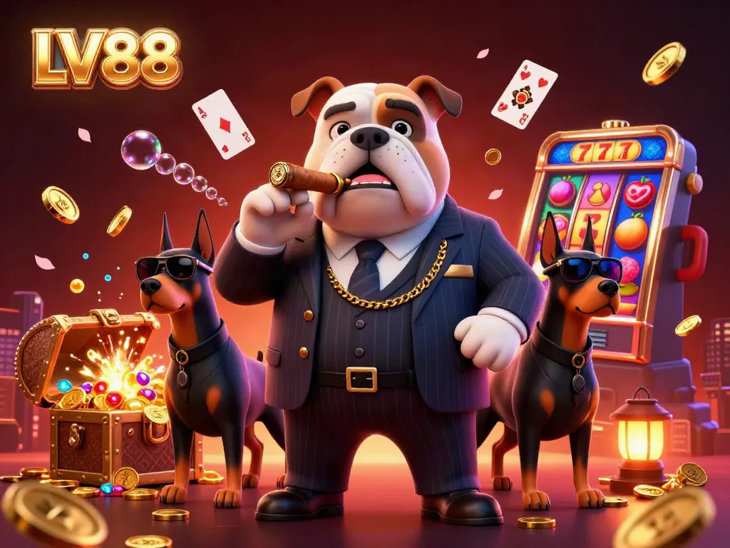 Experience the thrill of LV88 with a mafia boss bulldog and bodyguard Dobermans in an action-packed casino scene.