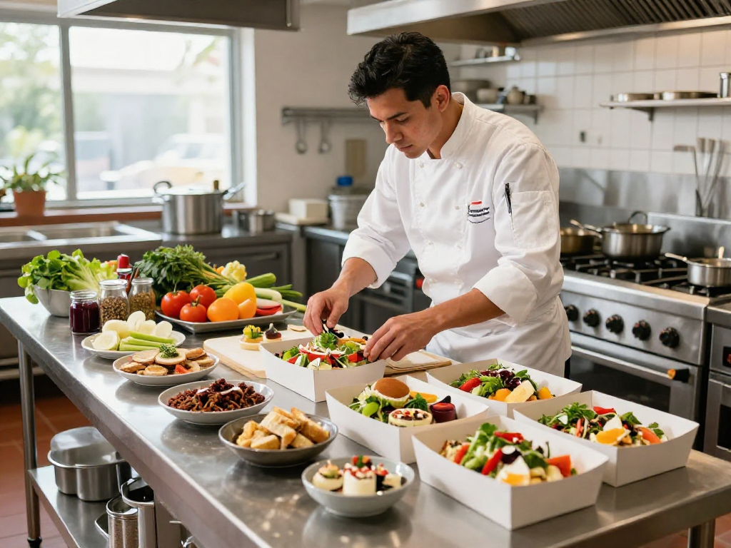Slot-sized gourmet catering food boxes crafted with fresh ingredients in a professional kitchen.