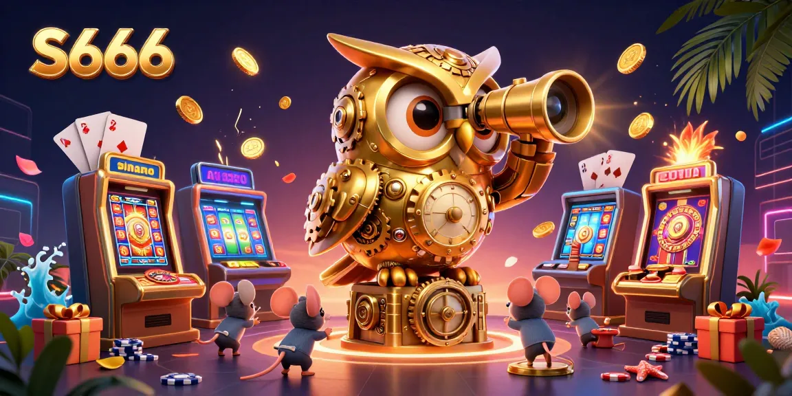 Win big at S666 with vibrant casino games featuring a gold owl in a lively scene.