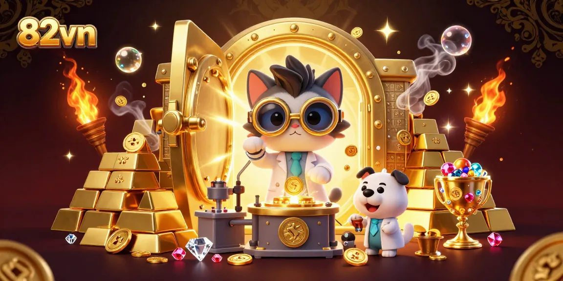Engage in thrilling gameplay at 82vn with a vibrant 3D illustration featuring captivating casino elements.
