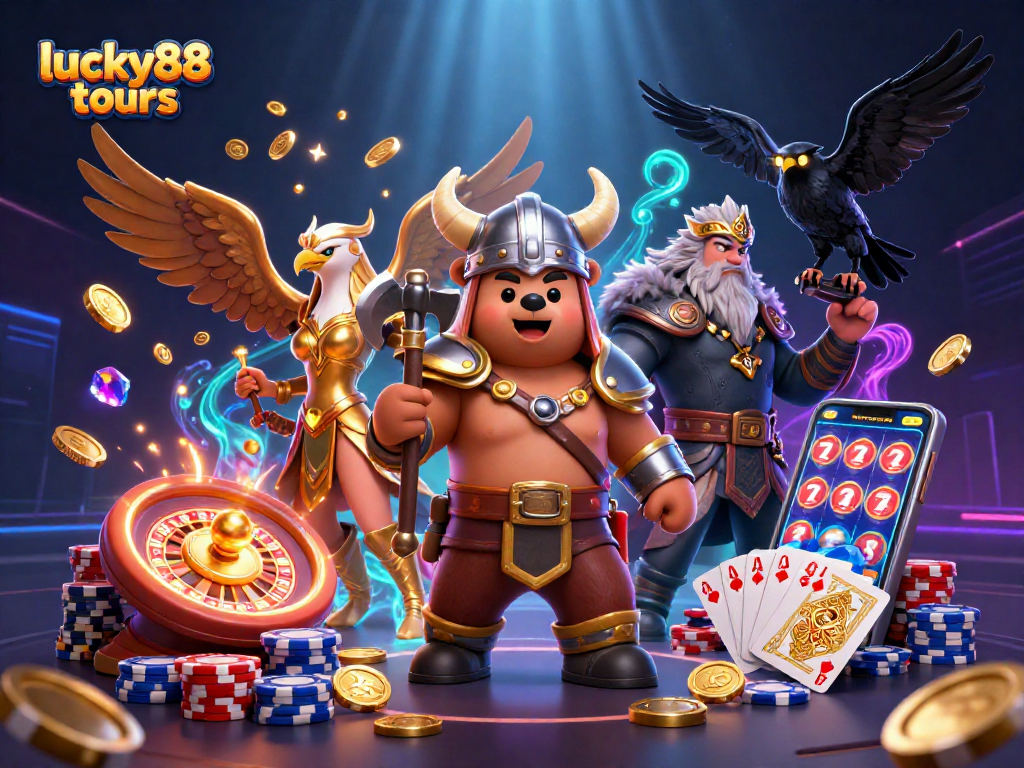 Cascade of fun and excitement in lucky88 tours with Viking bear, Valkyrie eagle, and golden casino elements.