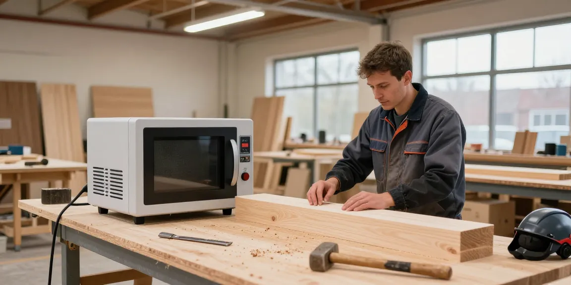 Shashel device in a wood treatment workshop, showcasing microwave technology for insect elimination and quality wood processing.