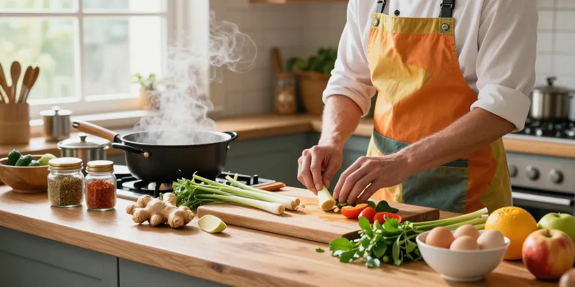Preparing fresh dishes with healthy ingredients like ginger and lemongrass in a cozy home kitchen while exploring สล็อต.
