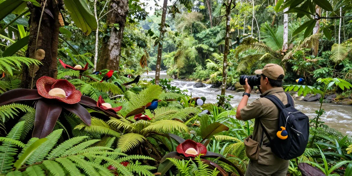 Exploring the biodiversity of Indonesia through rokok88, with vibrant flora and fauna set in a lush tropical rainforest.