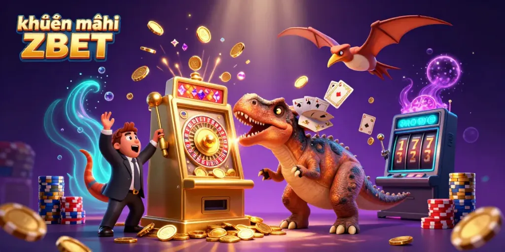 Exciting khuyến mãi ZBET scene with a pachycephalosaurus winning jackpot coins from a slot machine.