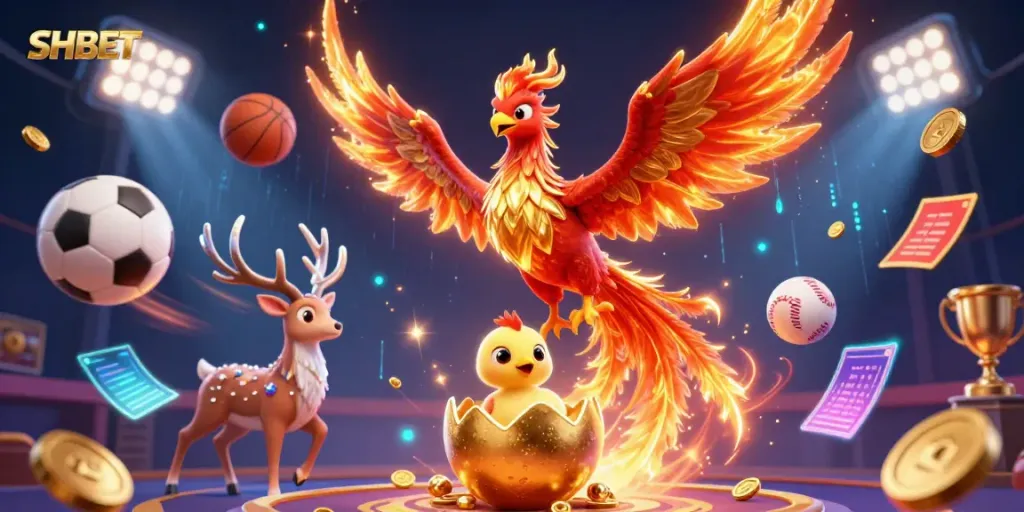 Experience SHBET's vibrant 3D casino scene featuring a phoenix, sports elements, and dynamic energy surrounding players.