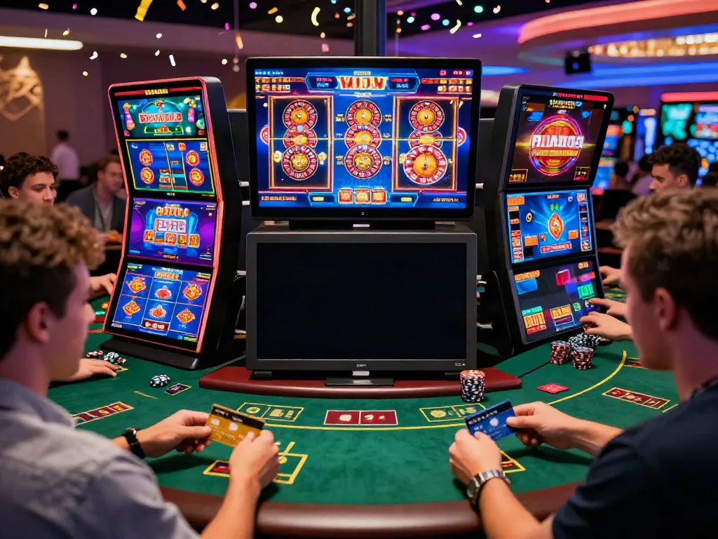 Players enjoying their experience at a credit card casino, engaging with various games on modern devices.