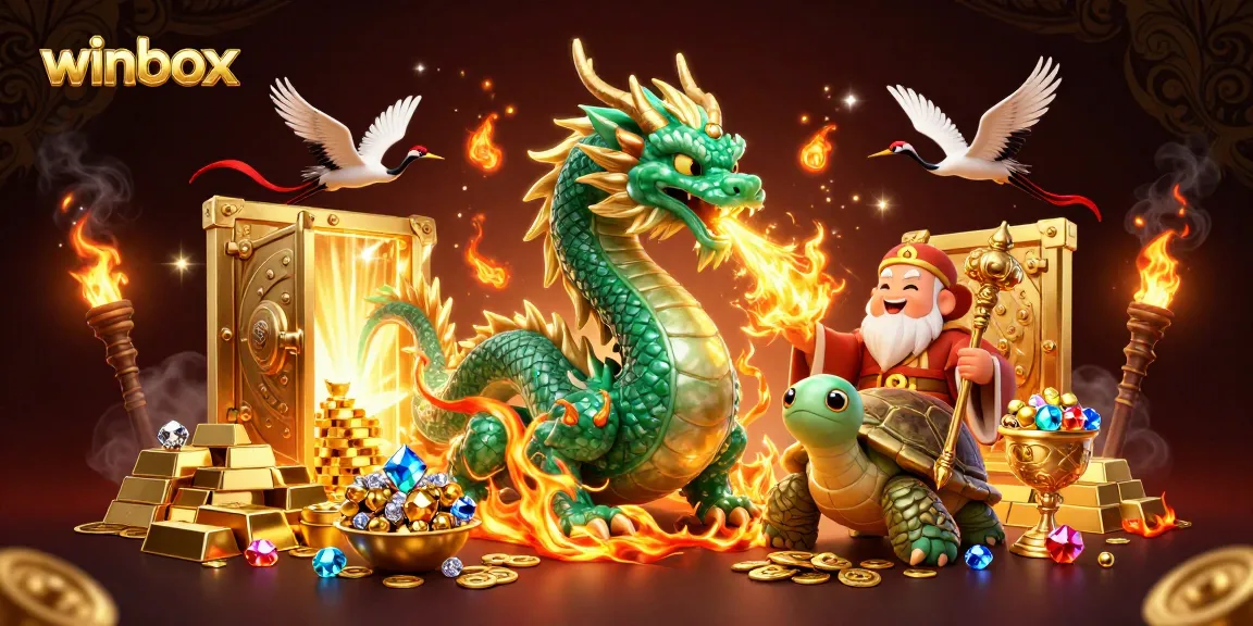 Engage with winbox's vibrant 3D casino world featuring a dragon, turtle sage, and lucky cranes.