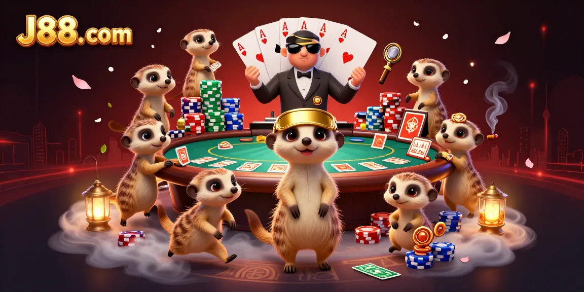 Watch the busy meerkats manage J88. com's vibrant casino scene with poker, chips, and lively action.