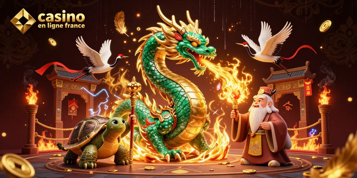 Activer des gains avec le casino en ligne France illustré par un dragon émeraude et une tortue sage dans un décor vibrant.