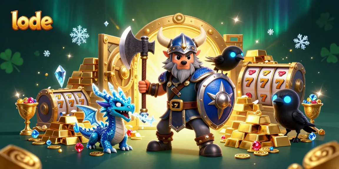 Engage in thrilling lode experiences with Viking warriors, slot reels, and treasures in a vibrant casino backdrop.