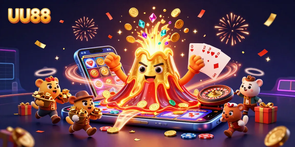 UU88 brings thrilling gaming excitement with a golden volcano erupting treasure and dynamic casino games.