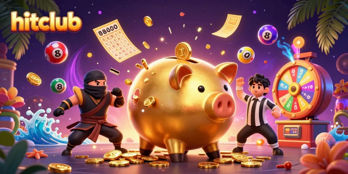 Hitclub players enjoy vibrant gaming with an energetic golden piggy bank sumo wrestler and colorful interactive elements.