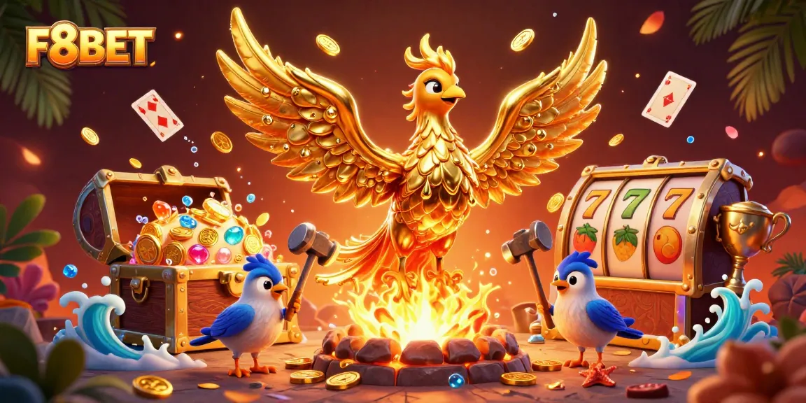 Win big with F8BET as you enjoy an exciting casino adventure featuring a golden phoenix and vibrant game elements.
