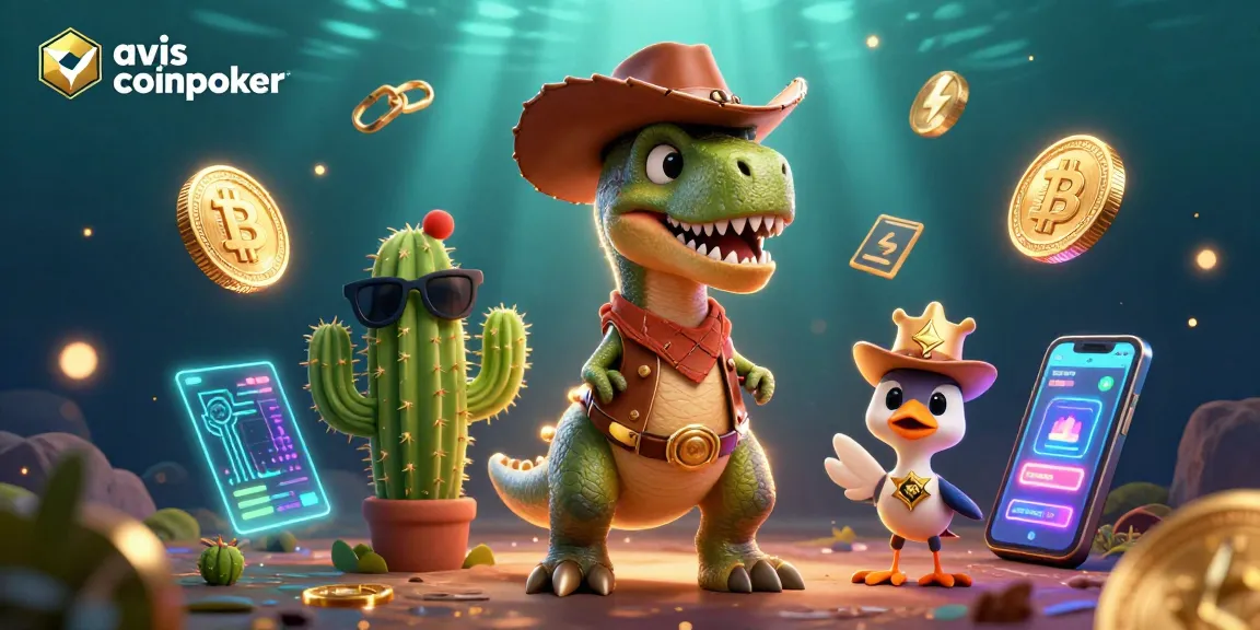 Découvrez l'avis CoinPoker avec un T-Rex cowboy entouré de pièces de crypto et éléments de jeu en ligne.