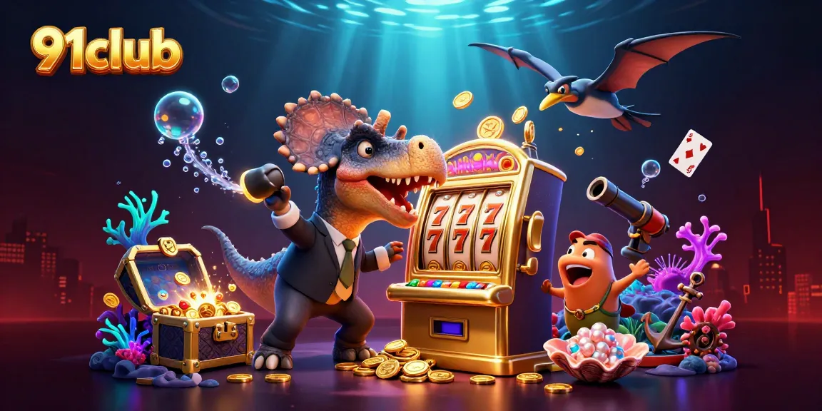 91club features a pachycephalosaurus winning coins at a slot machine in a vibrant casino scene.