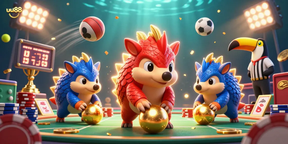 Experience thrilling gameplay at uu88 with animated pangolins rolling golden balls in a vibrant casino.