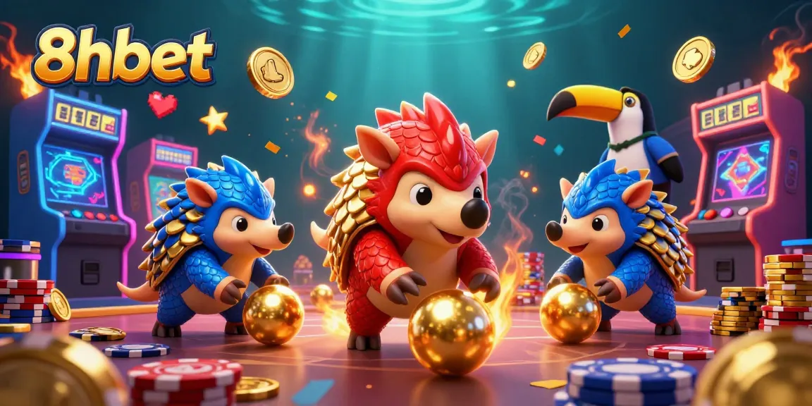 8xbet offers thrilling gameplay with rival pangolins in a vibrant casino scene filled with poker chips and arcade elements.