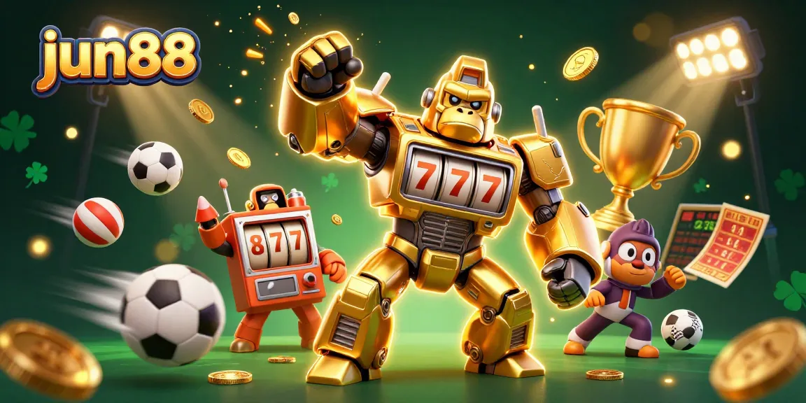 Experience the thrill of jun88 with a dynamic golden gorilla mech and flying sports elements.
