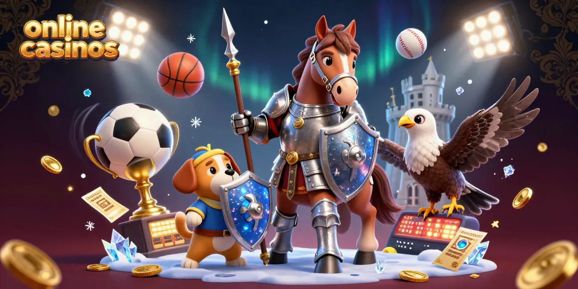 Join the excitement of online casinos with this dynamic 3D illustration featuring knights, puppy, and sports elements.