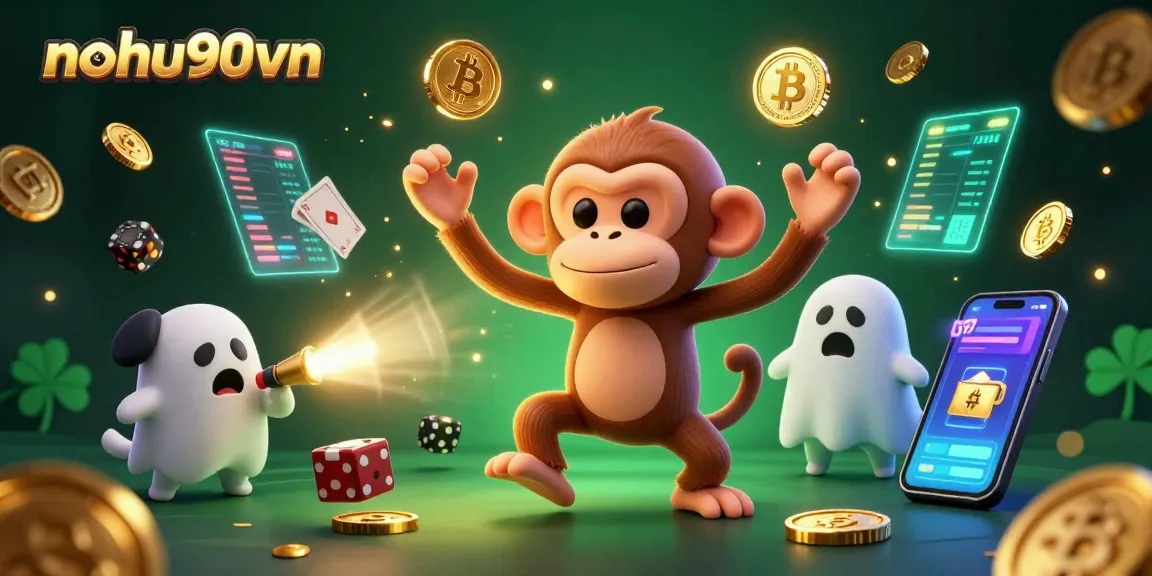 Nohu90vn showcases a ghost-hunter puppy tracking a poltergeist monkey amid glowing crypto coins.