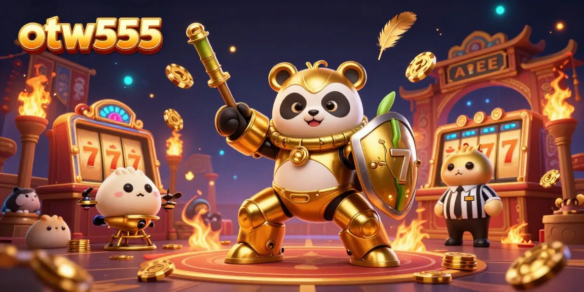 Join the excitement of otw555 with a golden panda pilot in a bustling casino arena.